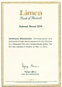 Limca Book Of World Record for introducing finger dance in Malayalam film Aaru Sundarimarude Kadha